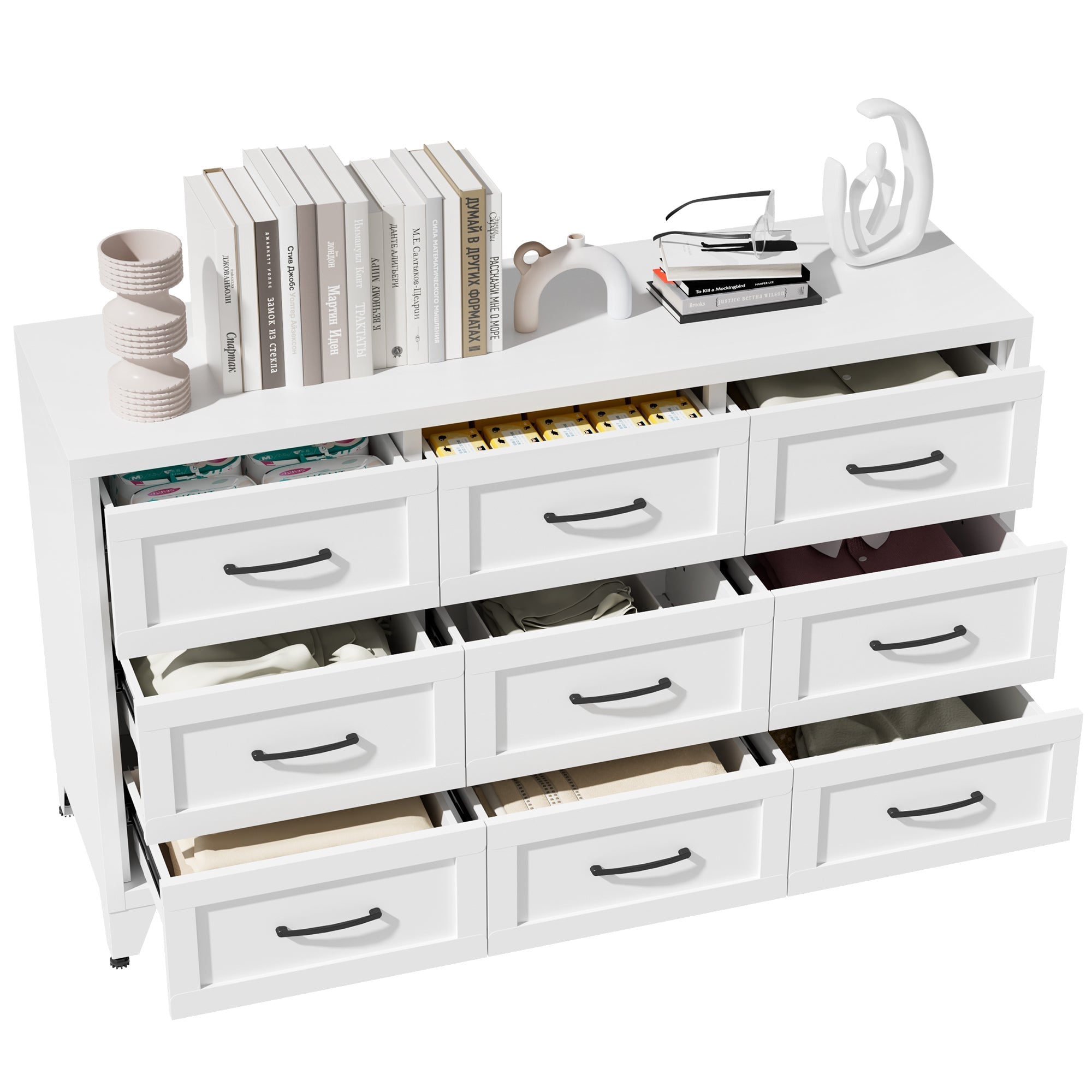 9 Drawer White Metal Dresser with Quiet-Glide Rails
