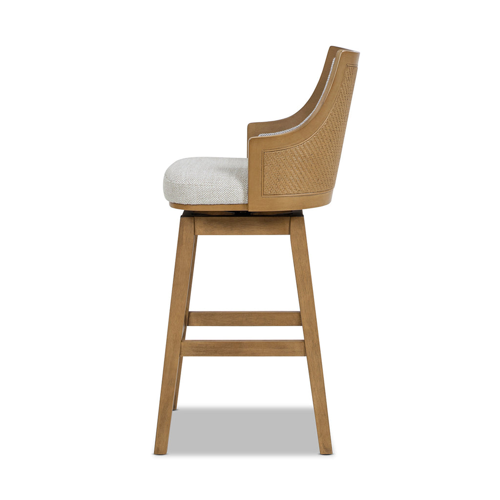 Bahama 30' Cane Rattan High-Back Swivel Bar Stool with Recessed Arms, Two-Tone Neutral Gray Polyester Wool Blend