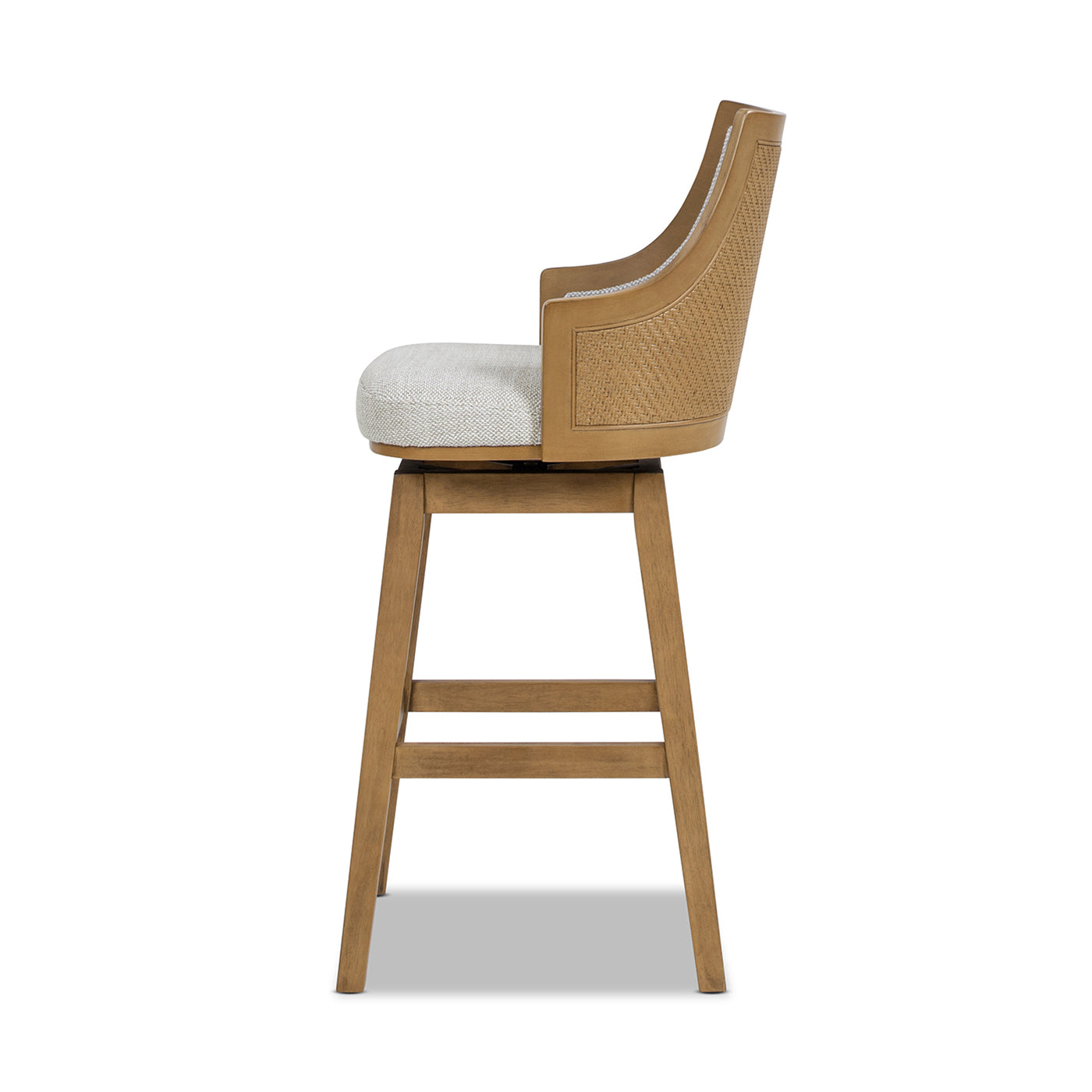 Bahama 30' Cane Rattan High-Back Swivel Bar Stool with Recessed Arms, Two-Tone Neutral Gray Polyester Wool Blend