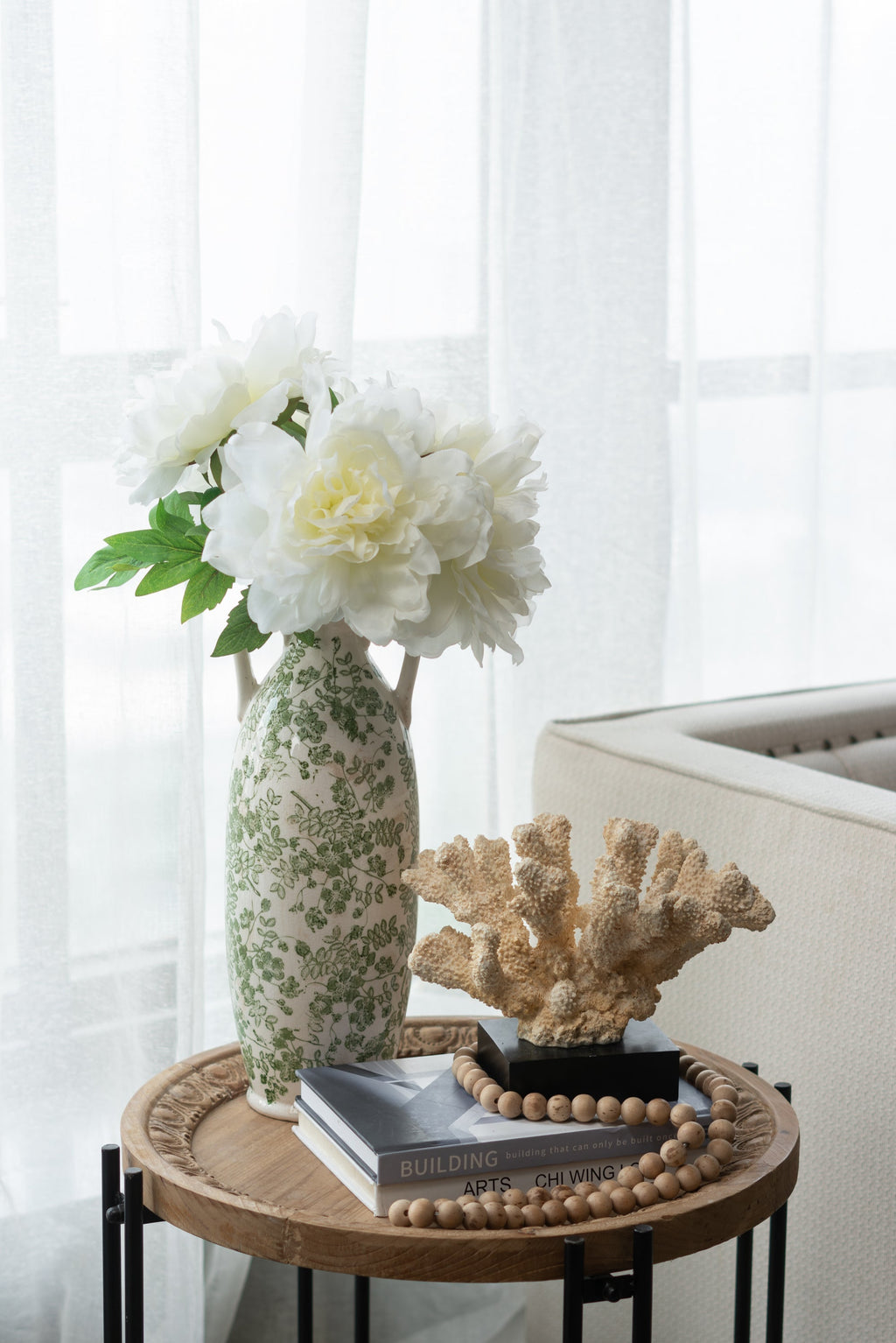 5.9x5.9x15.6' White Ceramic Flower Vase with Green Floral Pattern and Small Handles