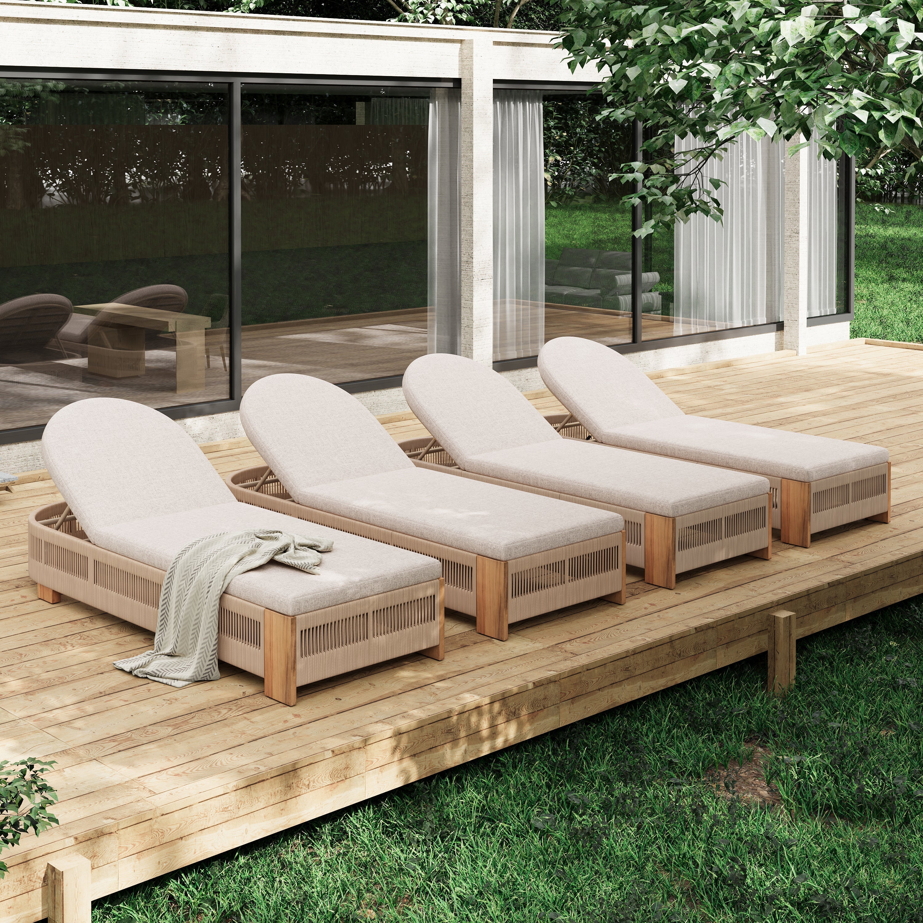 Outdoor Chaise Lounge Chair, Acacia Wood with Adjustable Backrest and Cushion