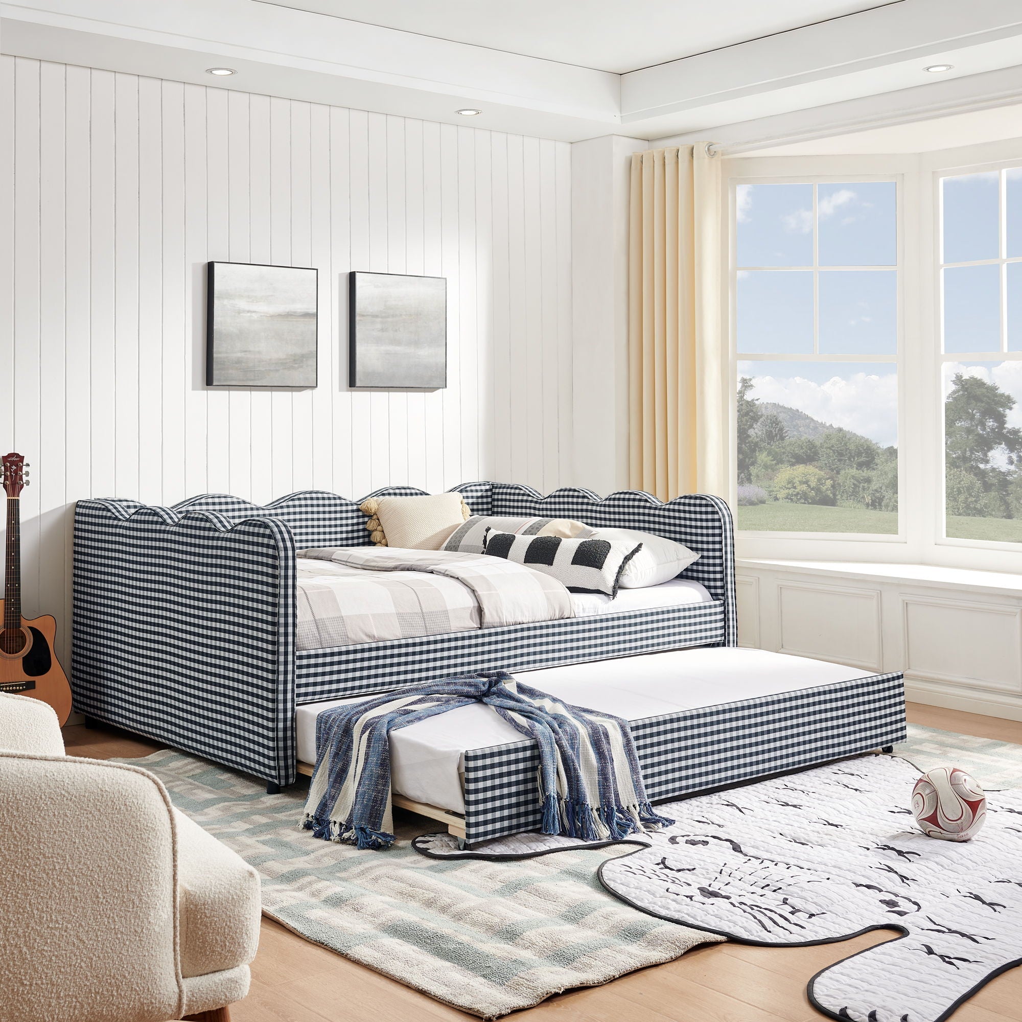 Gingham Daybed With USB Charging Port, Wave-Shaped Design