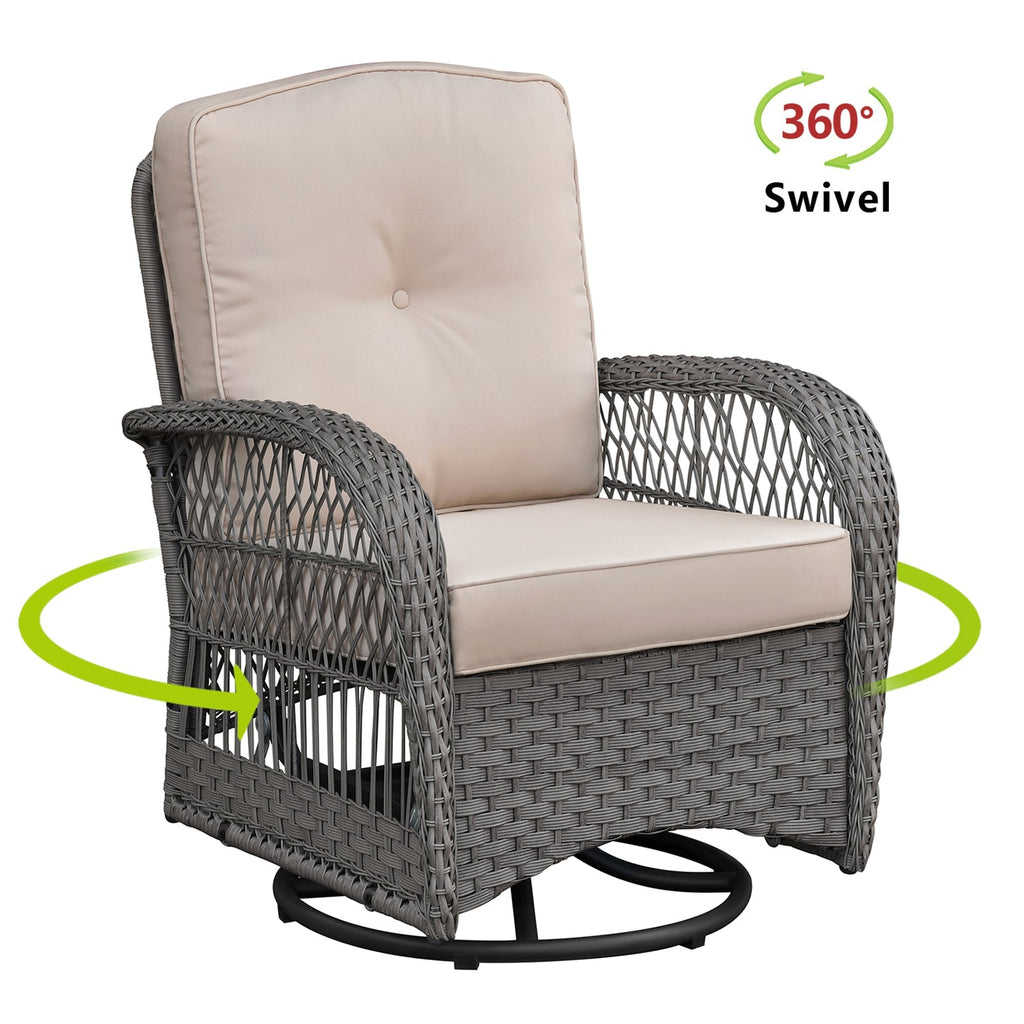 3 Pieces Conversation Set, Outdoor Wicker Rocker Swivel Patio Bistro Set, Rocking Chair with Glass Top Side Table, Grey