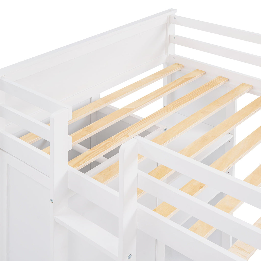 Loft Bed With A Stand Alone Bed, Shelves, Desk, And Wardrobe