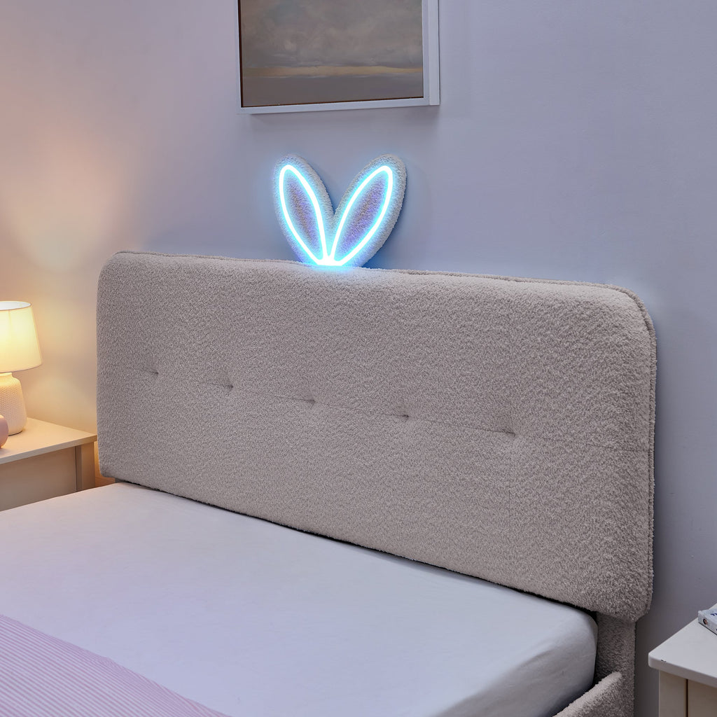 Queen Size Kids Upholstered Bed with Rabbit Ear Headboard & Storage