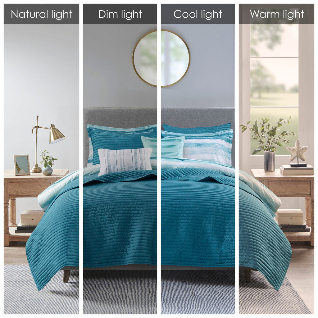 8 Piece Printed Seersucker Comforter and Quilt Set Collection Aqua Full/Queen