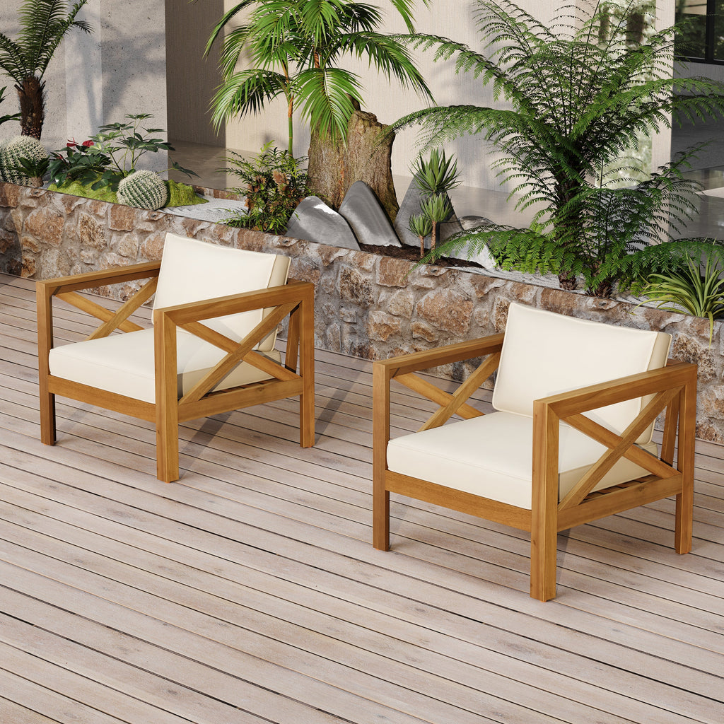 Outdoor Acacia Wood Club Wooden Armchair with Cushions (Set of 2)