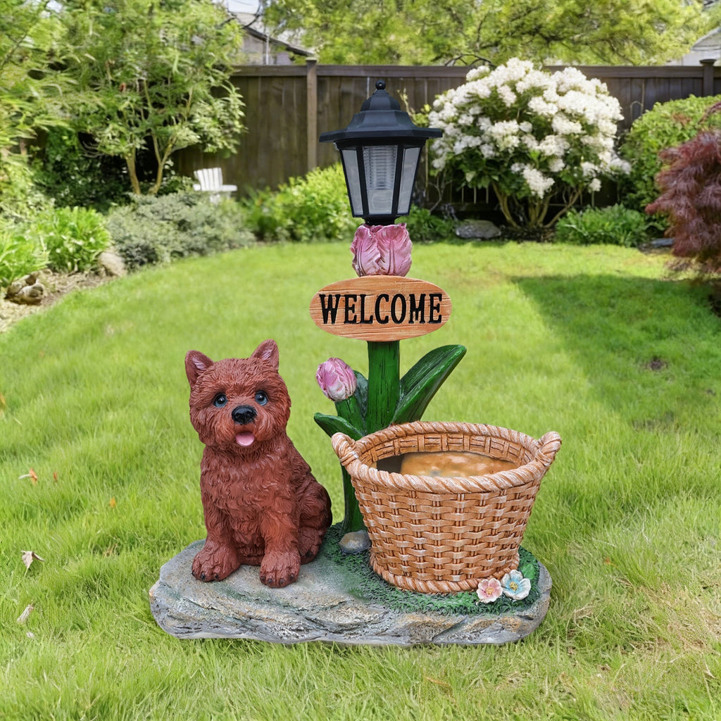 Sitting Puppy Solar Planter Outdoor Statue
