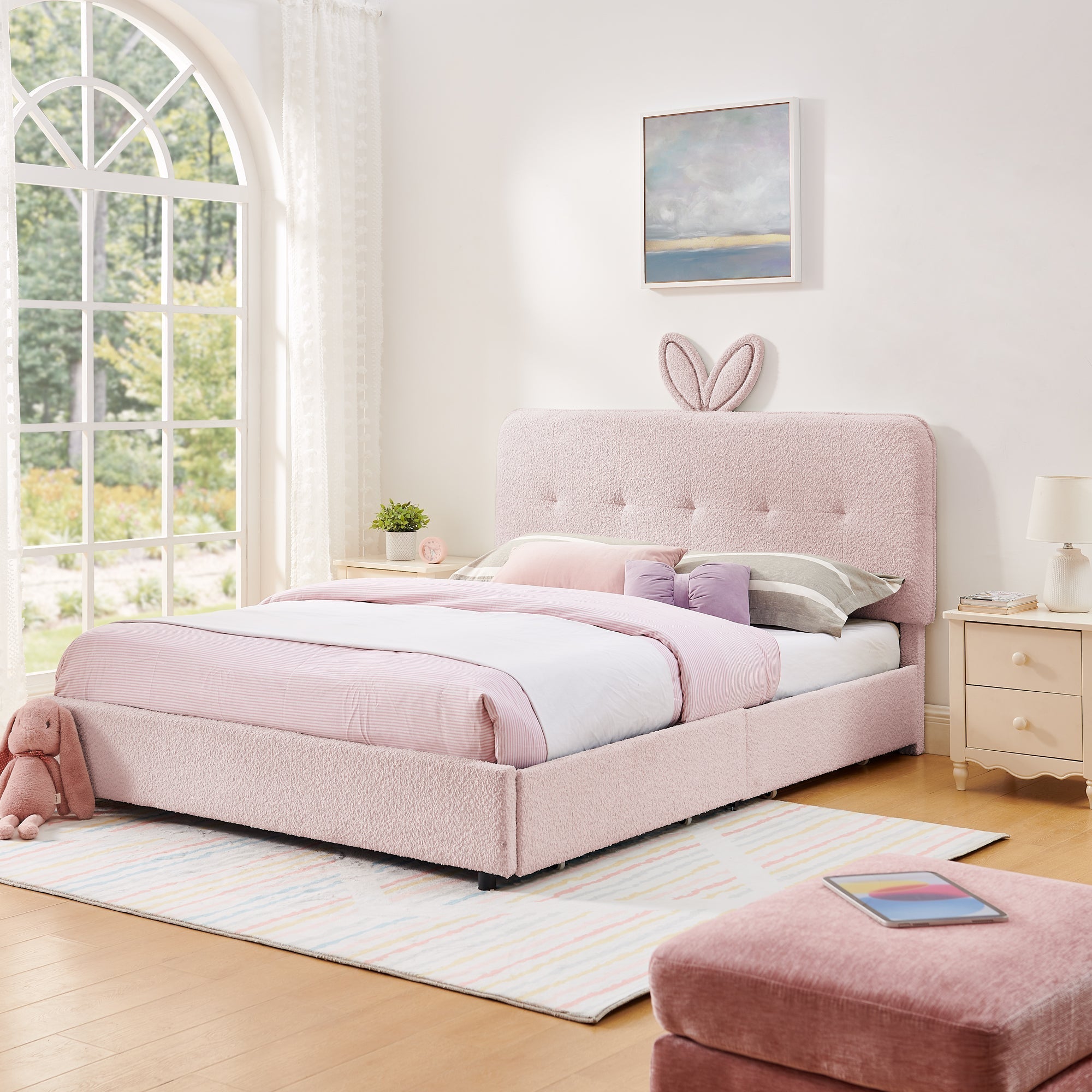 Queen Size Kids Upholstered Bed with Rabbit Ear Headboard & Storage