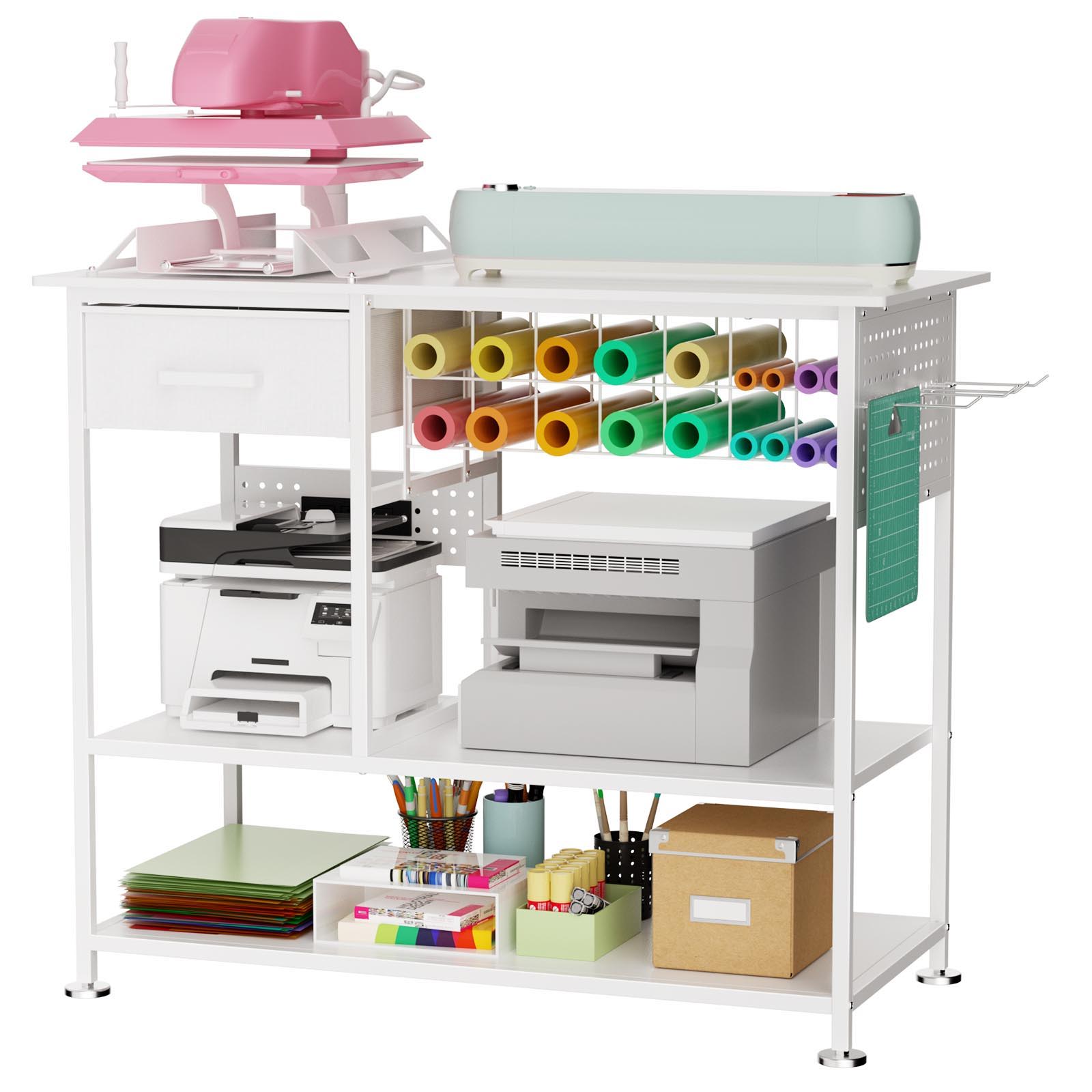 Large Heat Press Table With Charging Station, Movable Workbench For Diy Sublimation - White