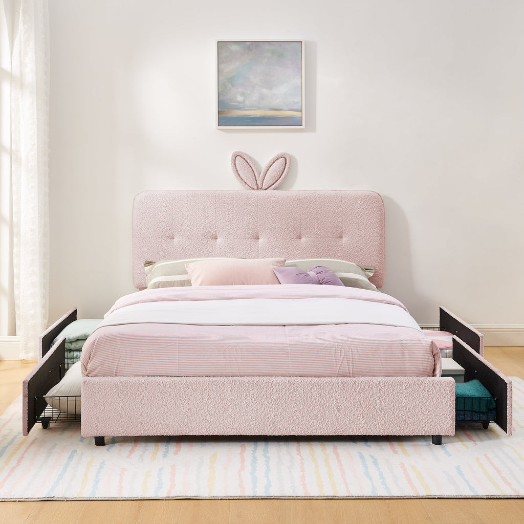 Queen Size Kids Upholstered Bed with Rabbit Ear Headboard & Storage