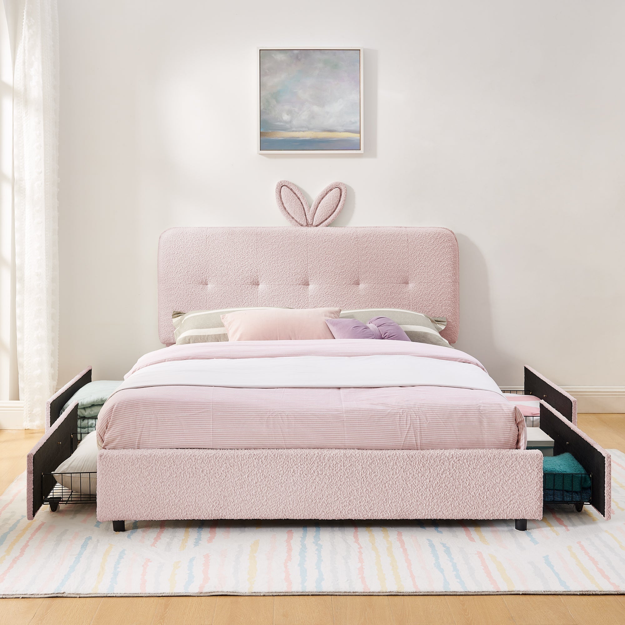Queen Size Kids Upholstered Bed with Rabbit Ear Headboard & Storage