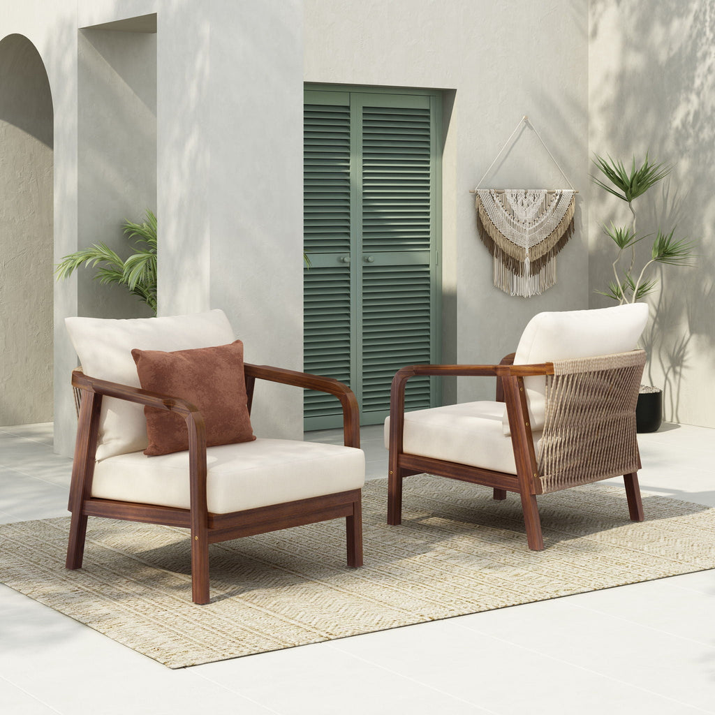 Outdoor Lounge Chair With Woven Backrest and Solid Wood Frame