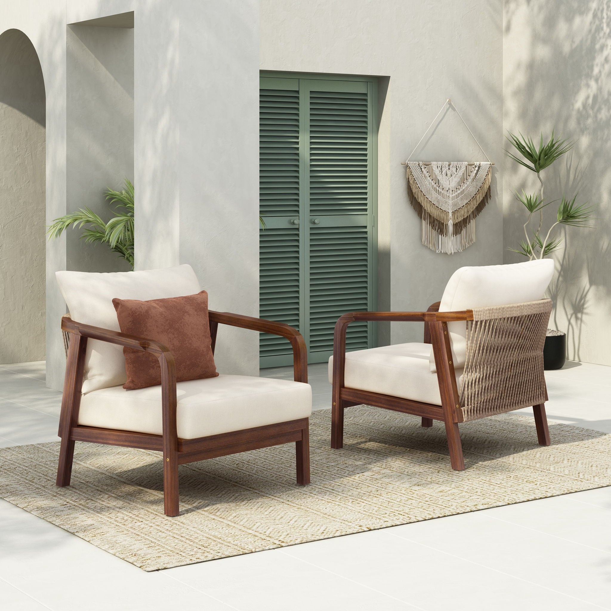 Outdoor Lounge Chair With Woven Backrest and Solid Wood Frame