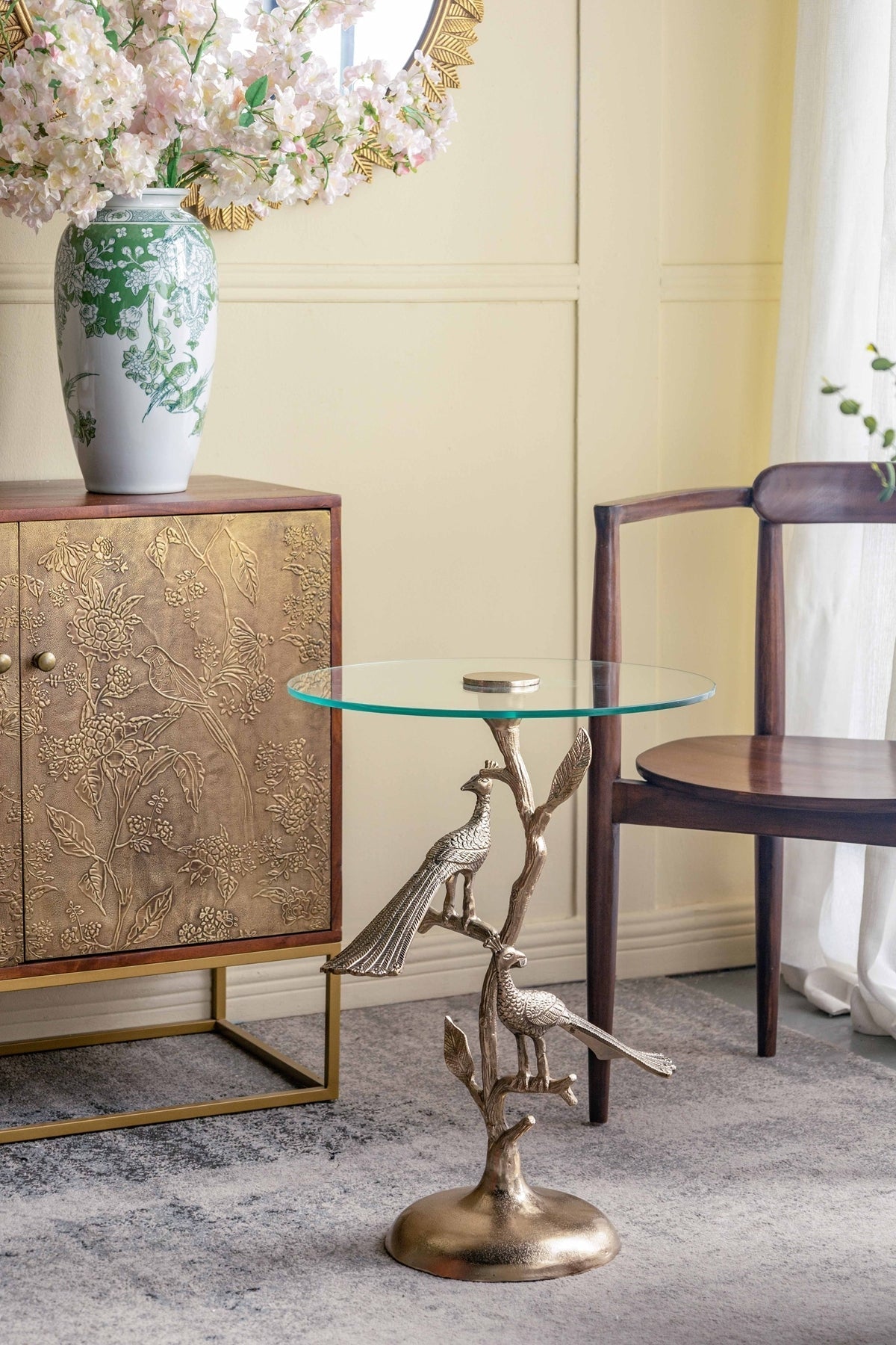 Gold Peacock Side Table with Round Glass Top
