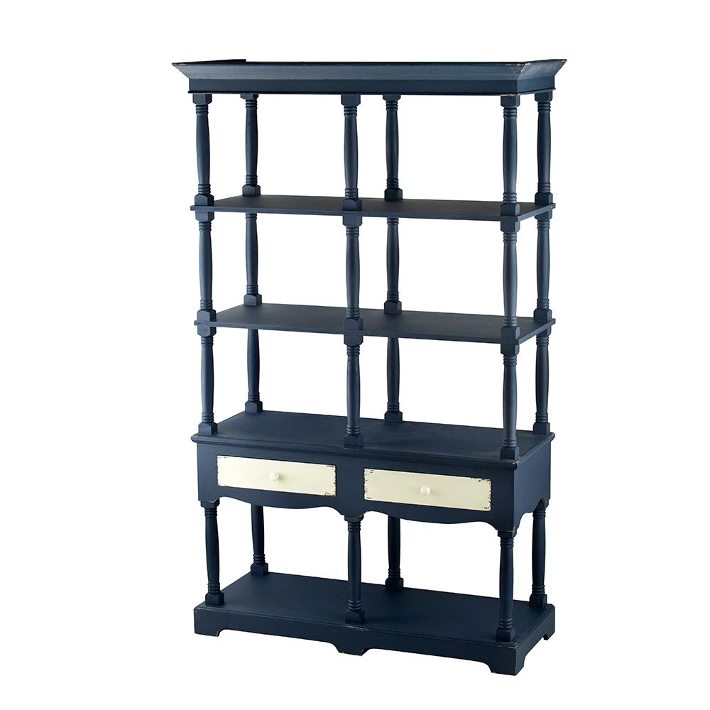 4 Tier Wooden Shelf With Two Drawers - Antique Navy Blue