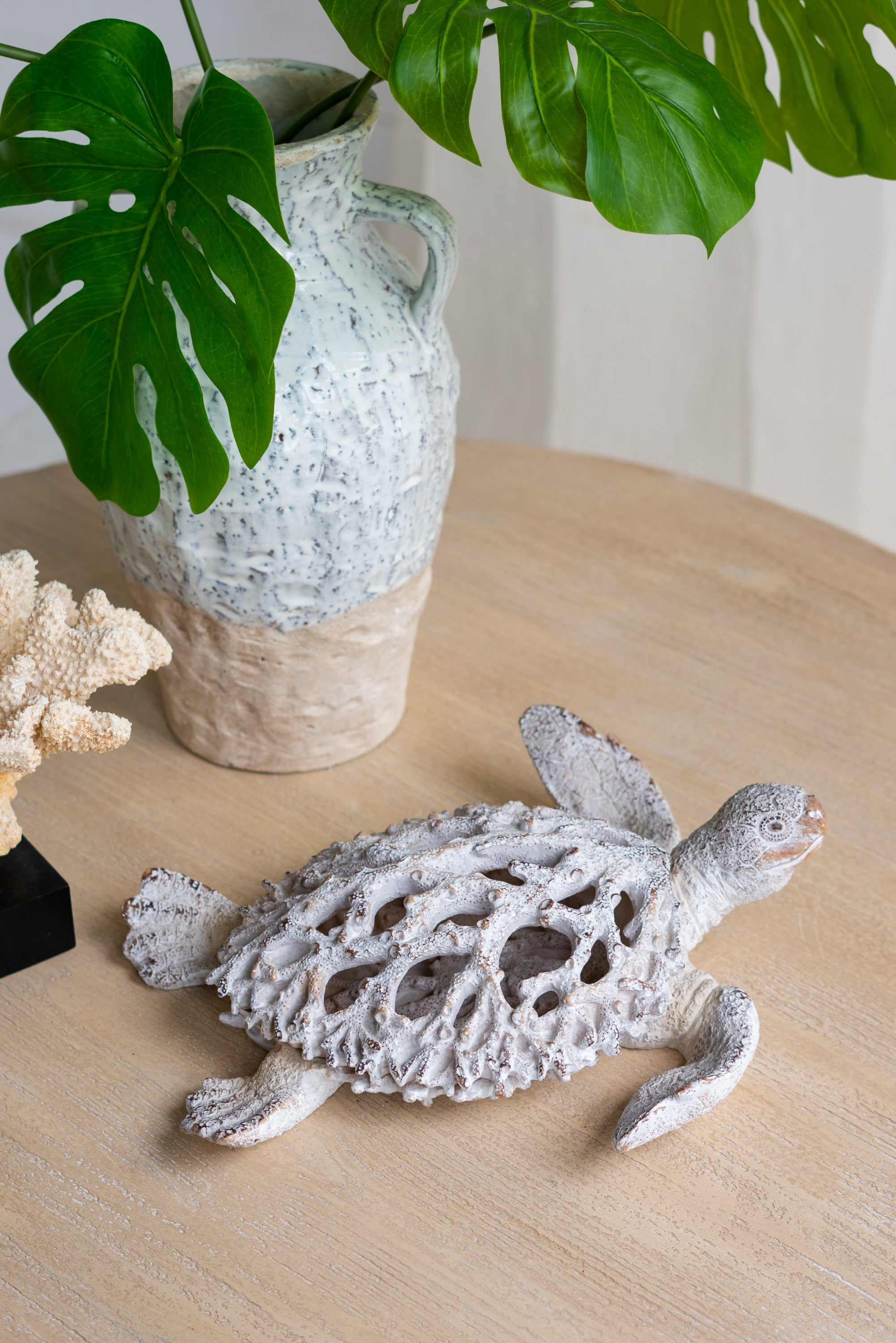 13.2x12.2x3.9' Decorative Polyresin Turtle Statue with White Coral Reef Design