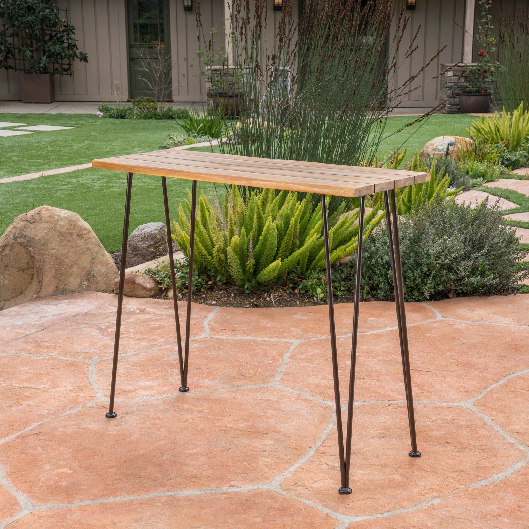 Outdoor Bar Table with Wood Tabletop and Iron Hairpin Legs - Black / Teak