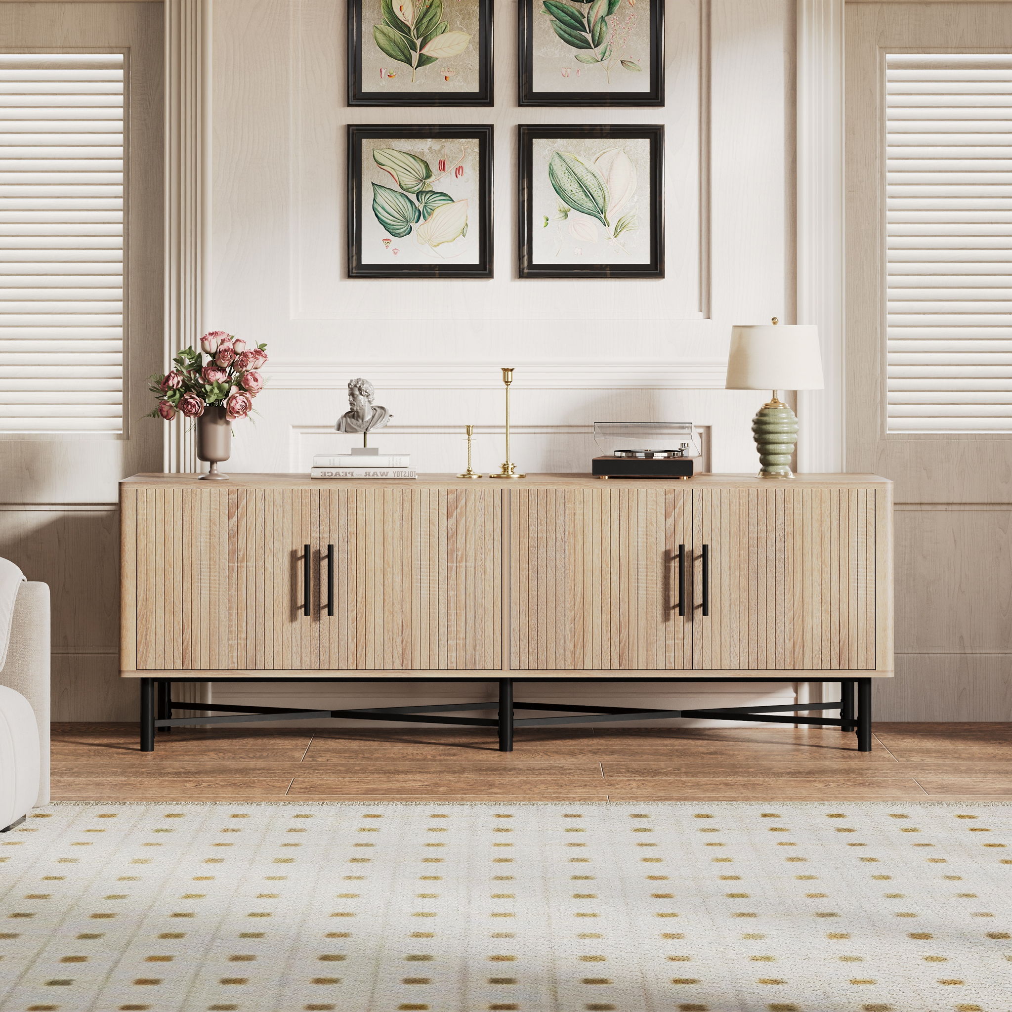 4 Door TV Cabinet with Adjustable Shelves and Storage Spaces