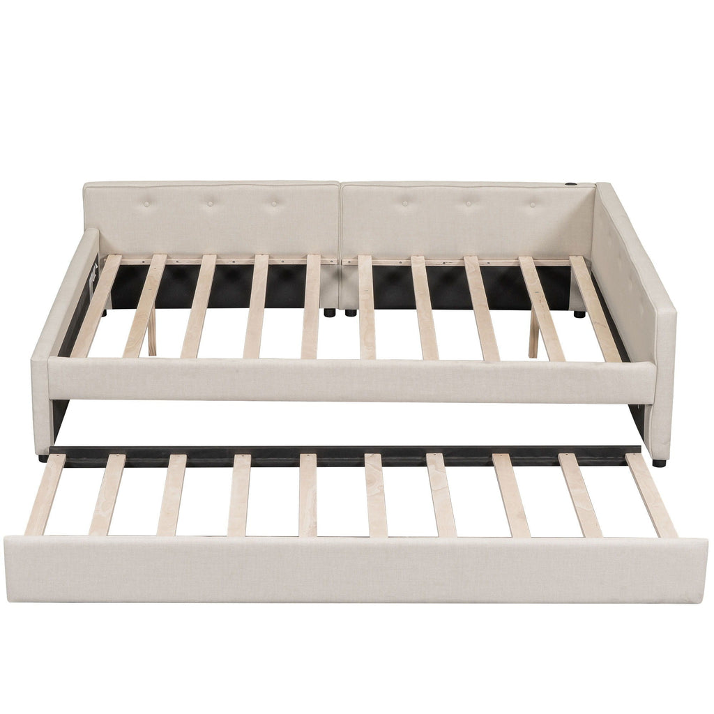 Queen Size Upholstered Platform Bed With USB And Twin Trundle - Beige