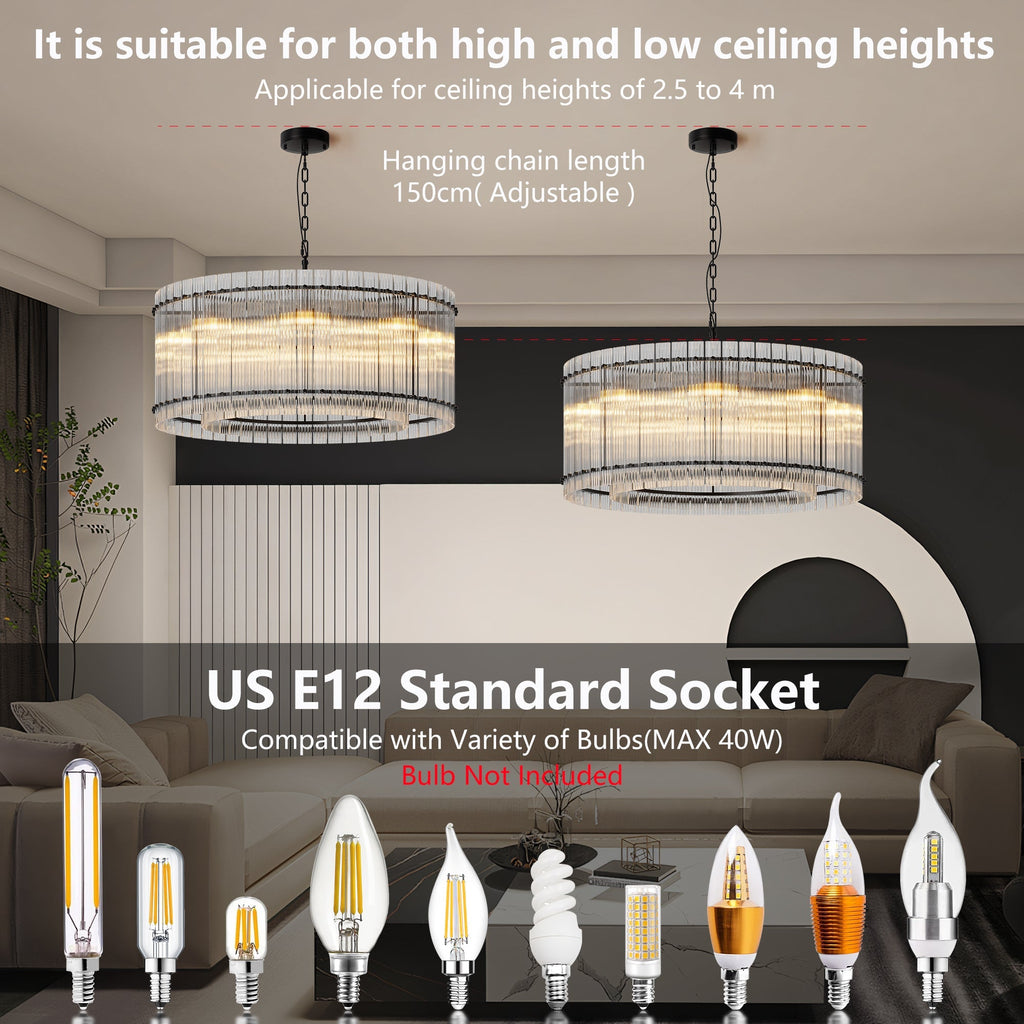 37-Inch Modern Black Round 8-Light Crystal Chandelier