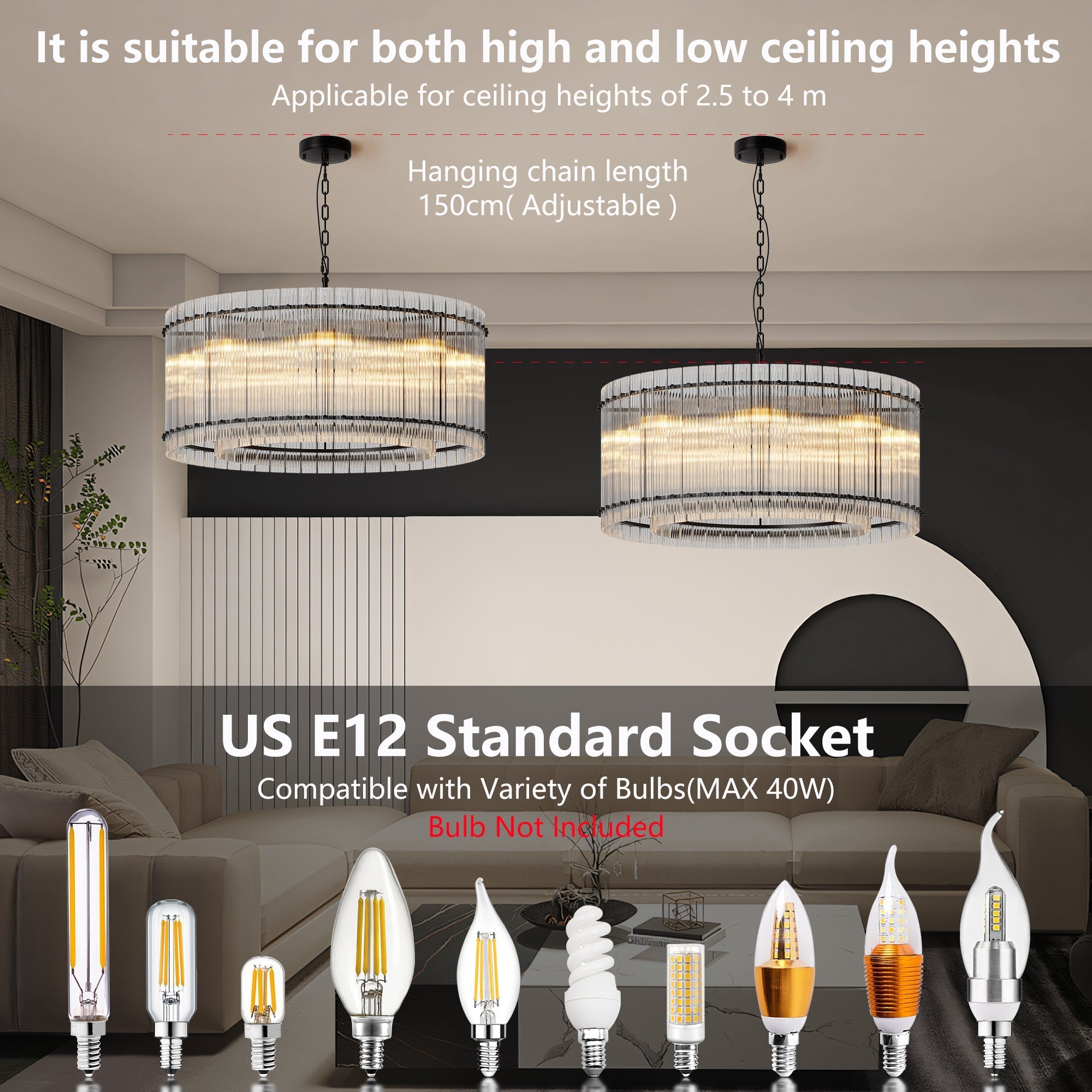 37-Inch Modern Black Round 8-Light Crystal Chandelier