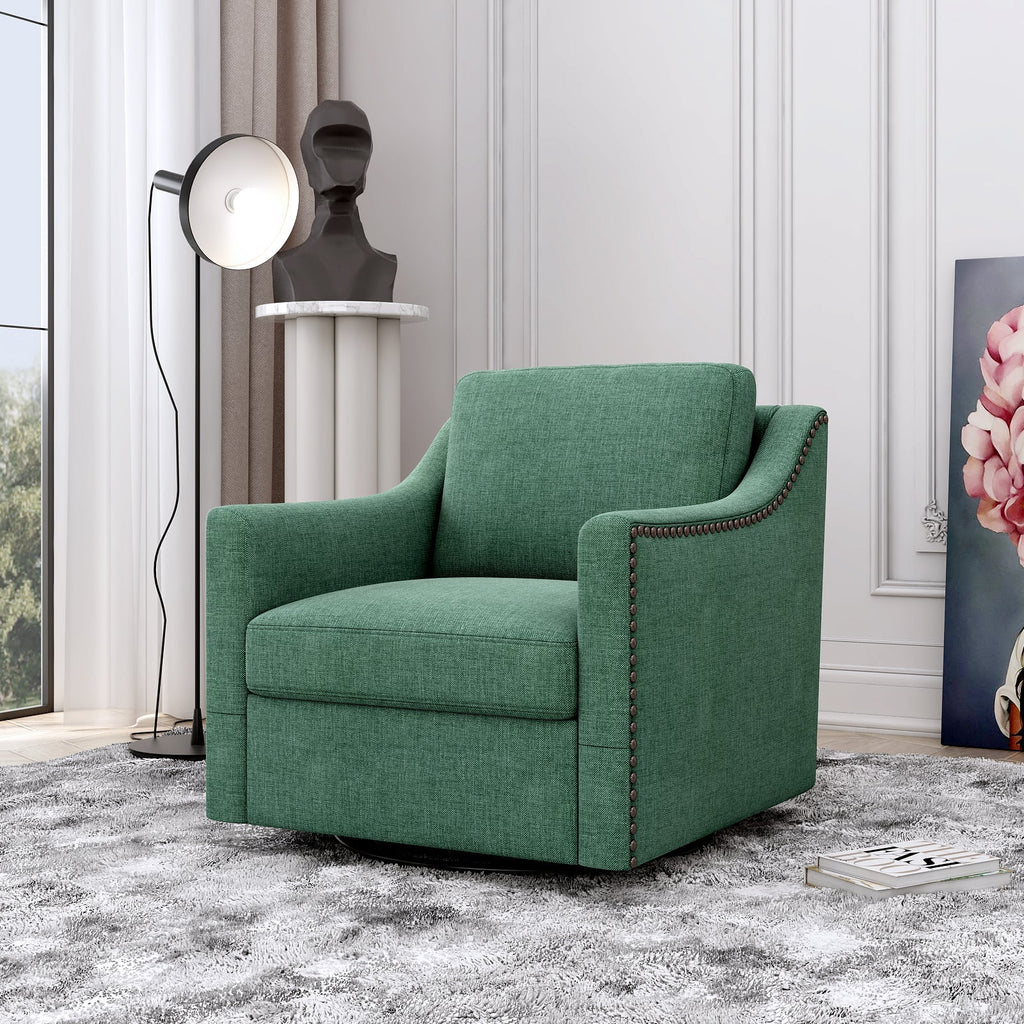 360 Degree Swivel Armchair Cotton Linen Fabric with Brass Nail Detailing