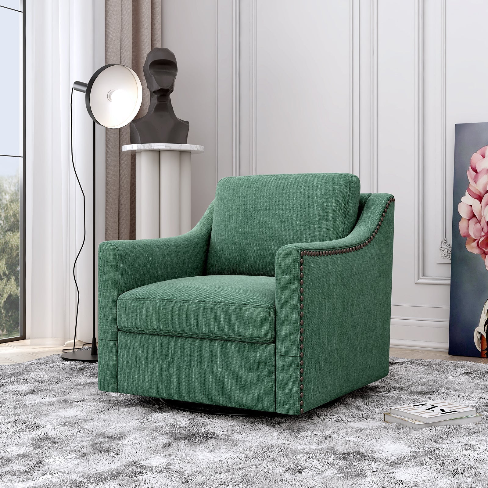 360 Degree Swivel Armchair Cotton Linen Fabric with Brass Nail Detailing