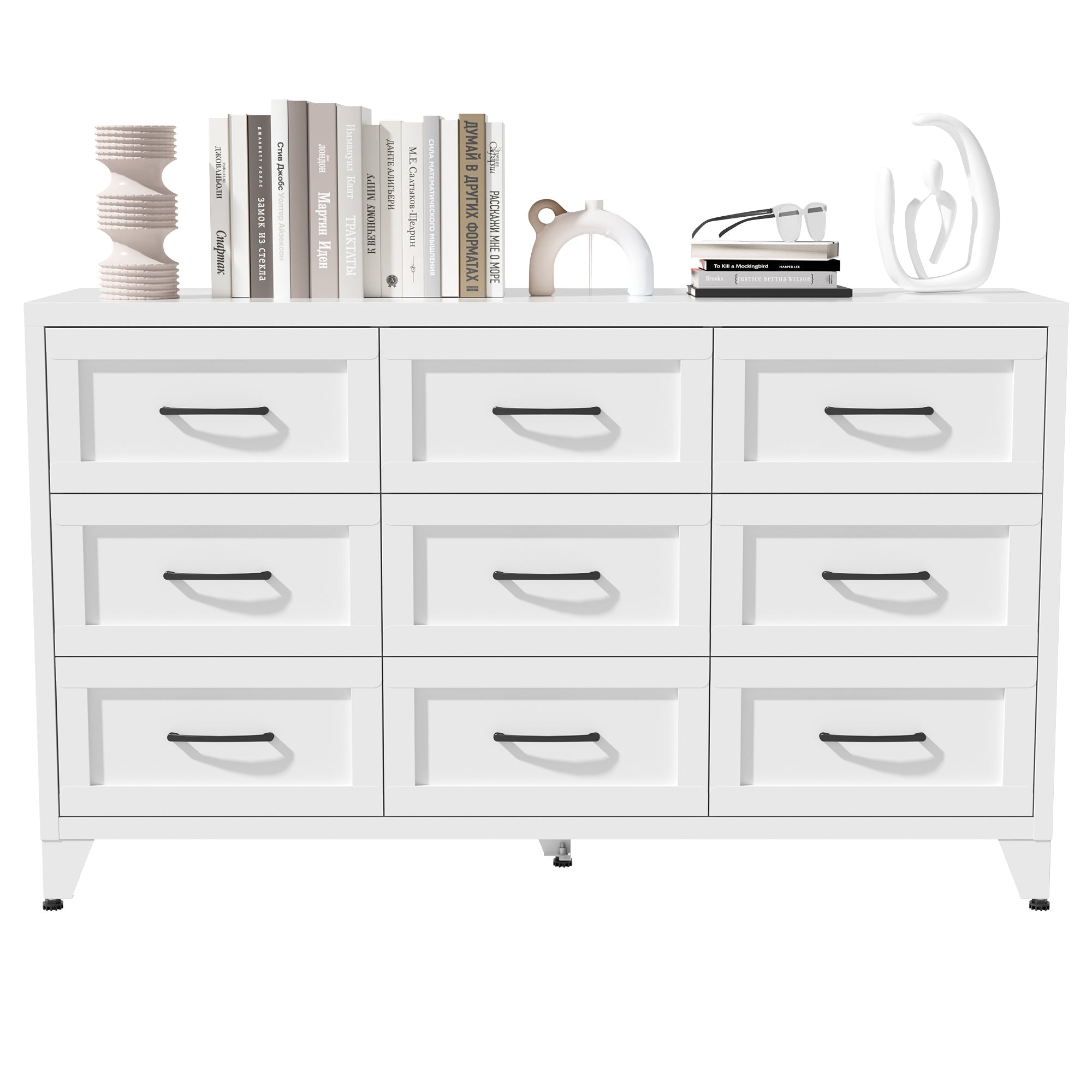9 Drawer White Metal Dresser with Quiet-Glide Rails
