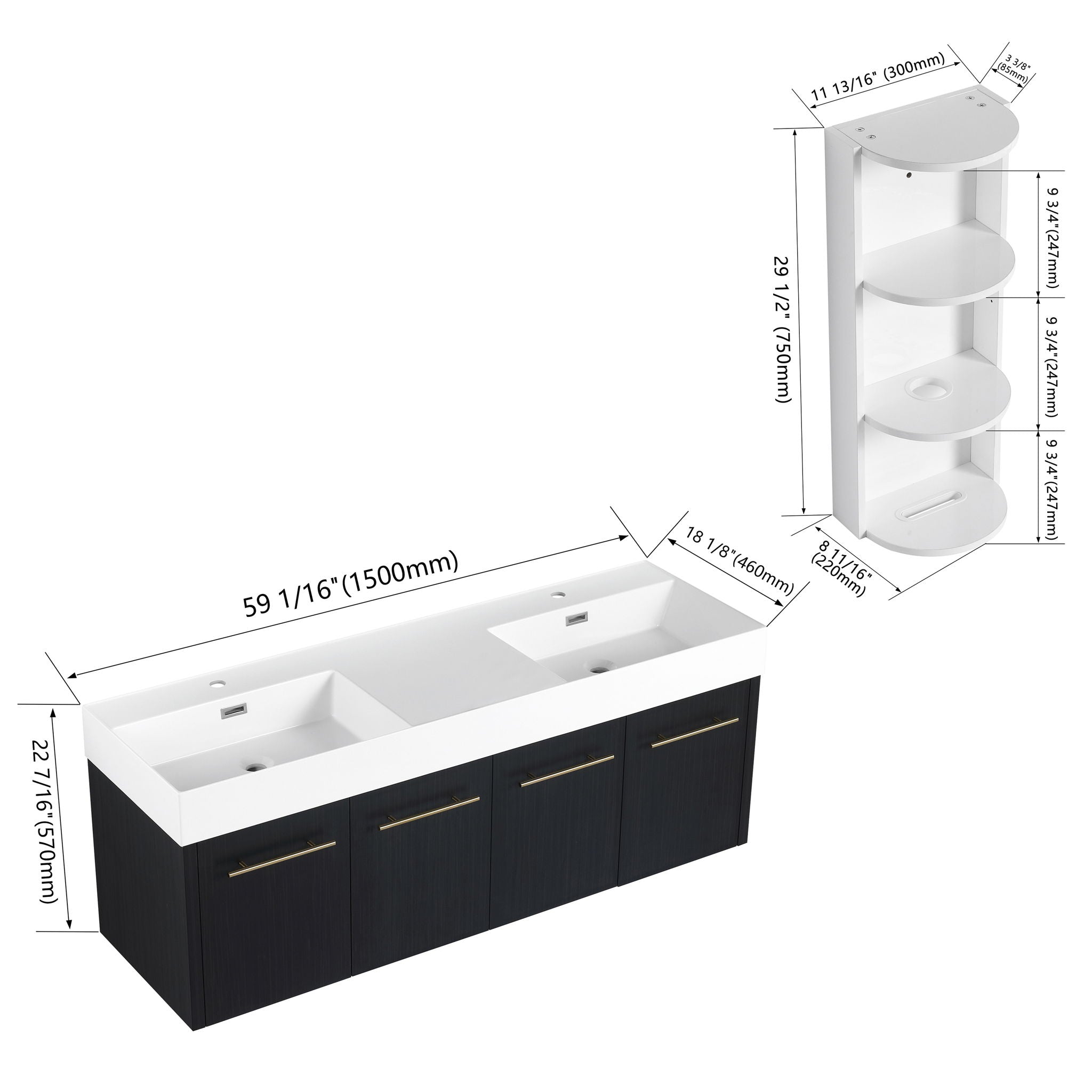 Modern Wall Mounted Bathroom Vanity With Resin Sink and Storage Rack