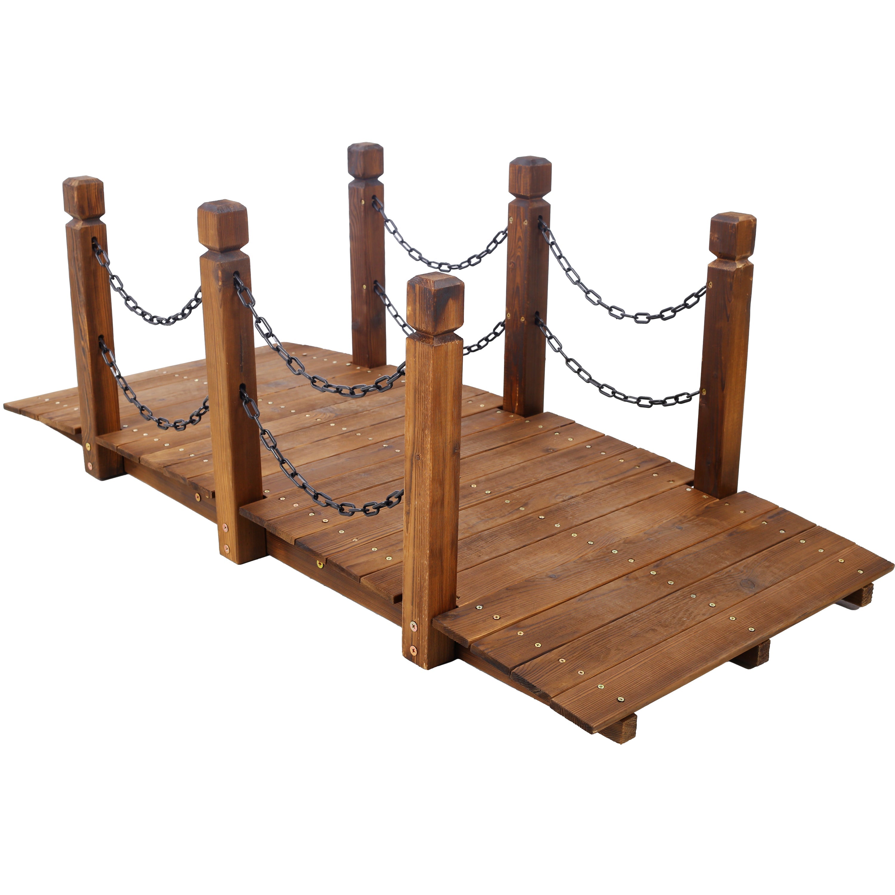 5 Ft Wooden Garden Bridge, Stained Wood Arc Footbridge with Chain Railings