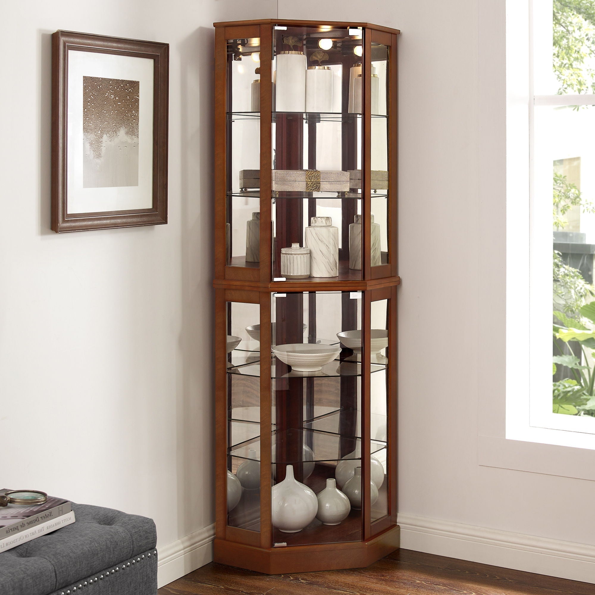 6 Shelf Corner Curio Display Cabinet With Lights, Mirrors And Adjustable Shelves