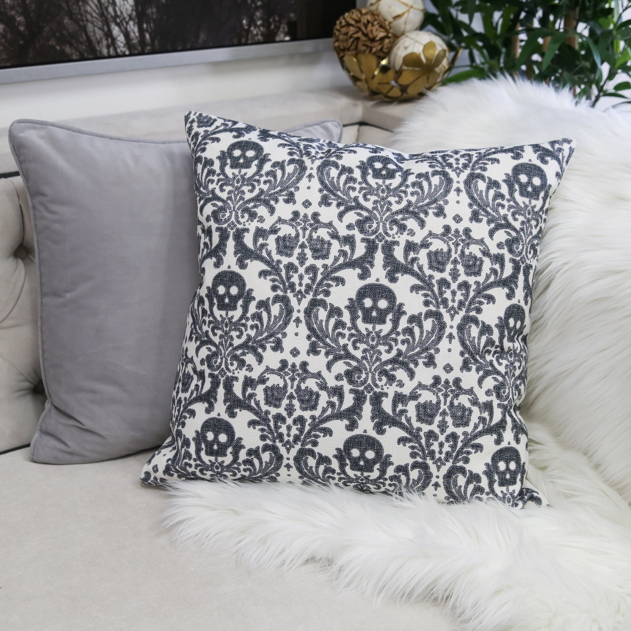 Baroque Skull Damask Accent Pillow – Black & White Day of the Dead Accent Cushion