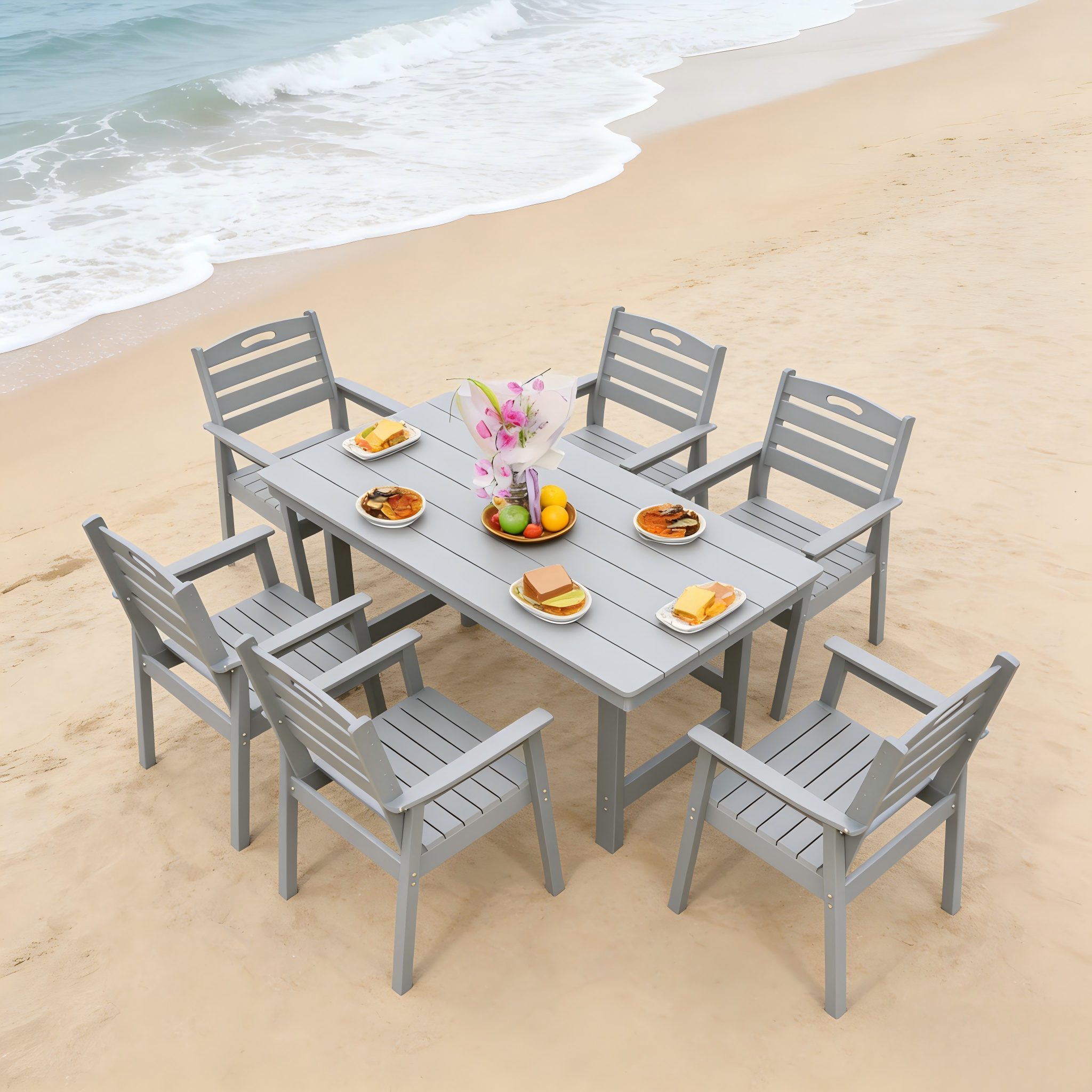 HDPE Outdoor Patio Dining Set - Table and Six Chairs