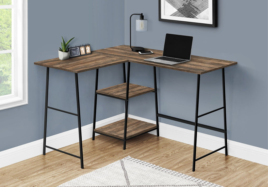 Contemporary L-Shape Computer Desk with Storage Shelves - Brown