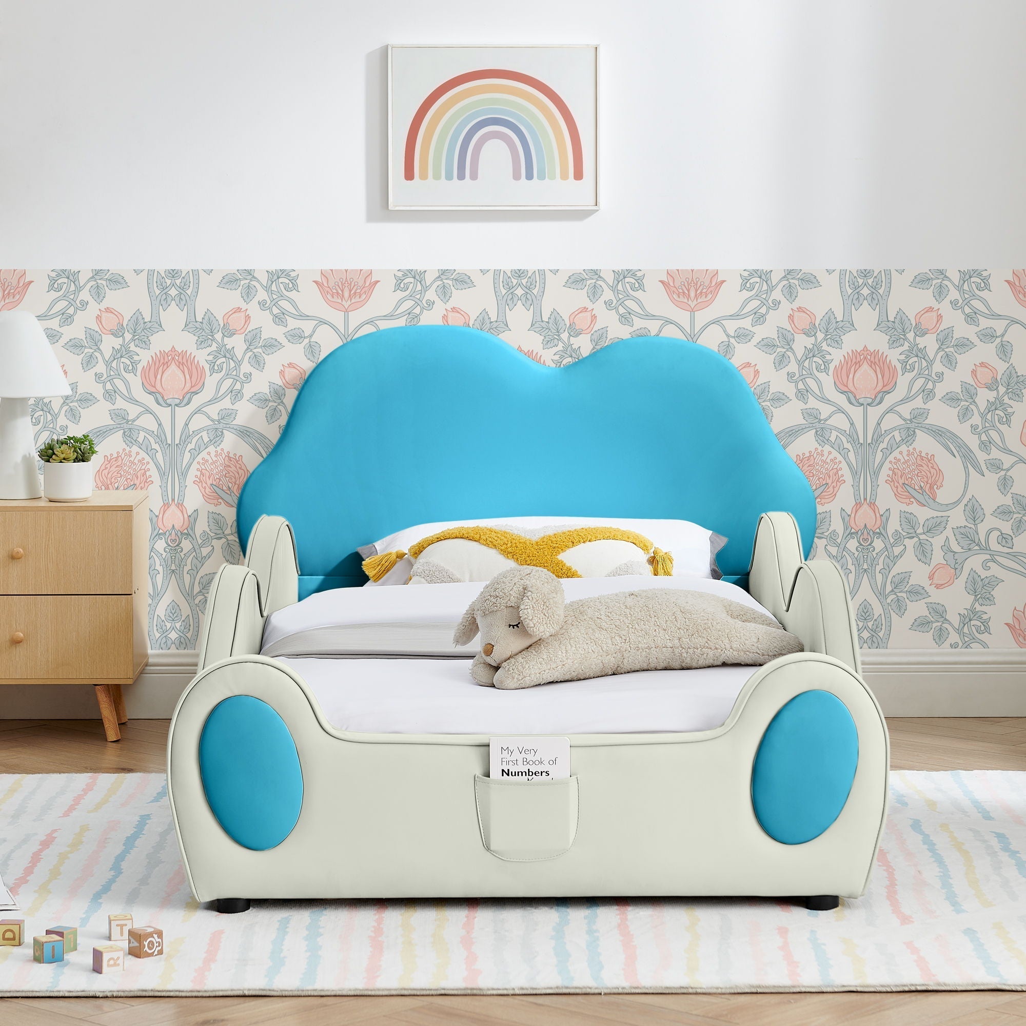 Cute Cloud Shape Bed With Guardrails Cartoon Design, Storage Pocket