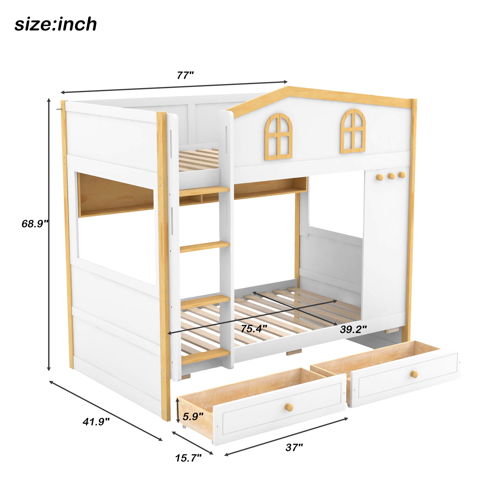 Twin Over Twin Bunk Bed With House Shaped Guardrails, Storage Shelves & Drawers - White / Natural
