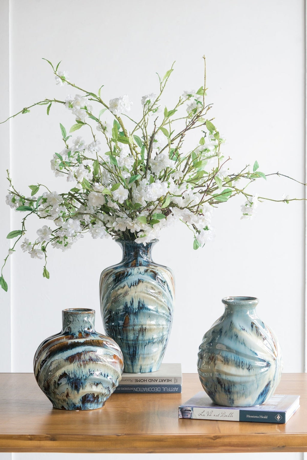 9.4x9.4x11" Blue and Brown Reactive Glazed Accent Vase