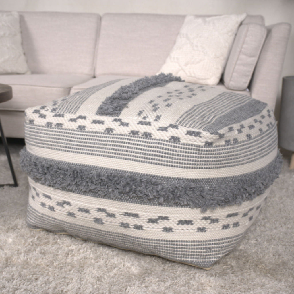 Karim - Faux Yarn Large Pouf, Durable - Ivory / Gray