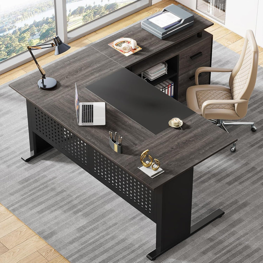 L-Shaped Executive Desk With File Cabinet, Office Workstation With Drawers, Shelves & Storage