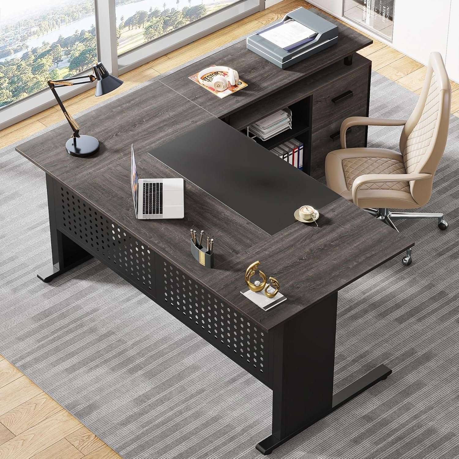 L-Shaped Executive Desk With File Cabinet, Office Workstation With Drawers, Shelves & Storage