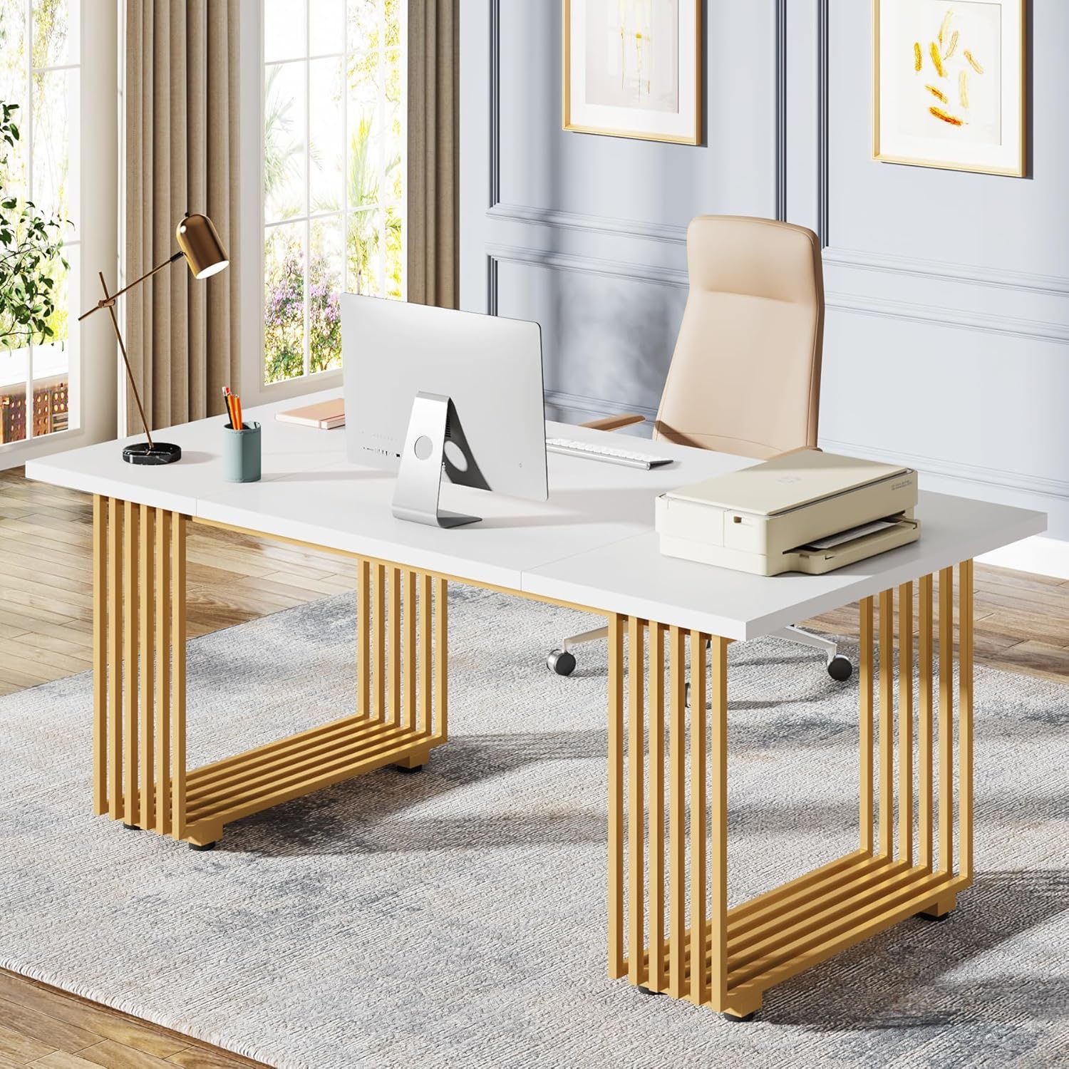 Office Executive Desk For Home Office - White / Gold