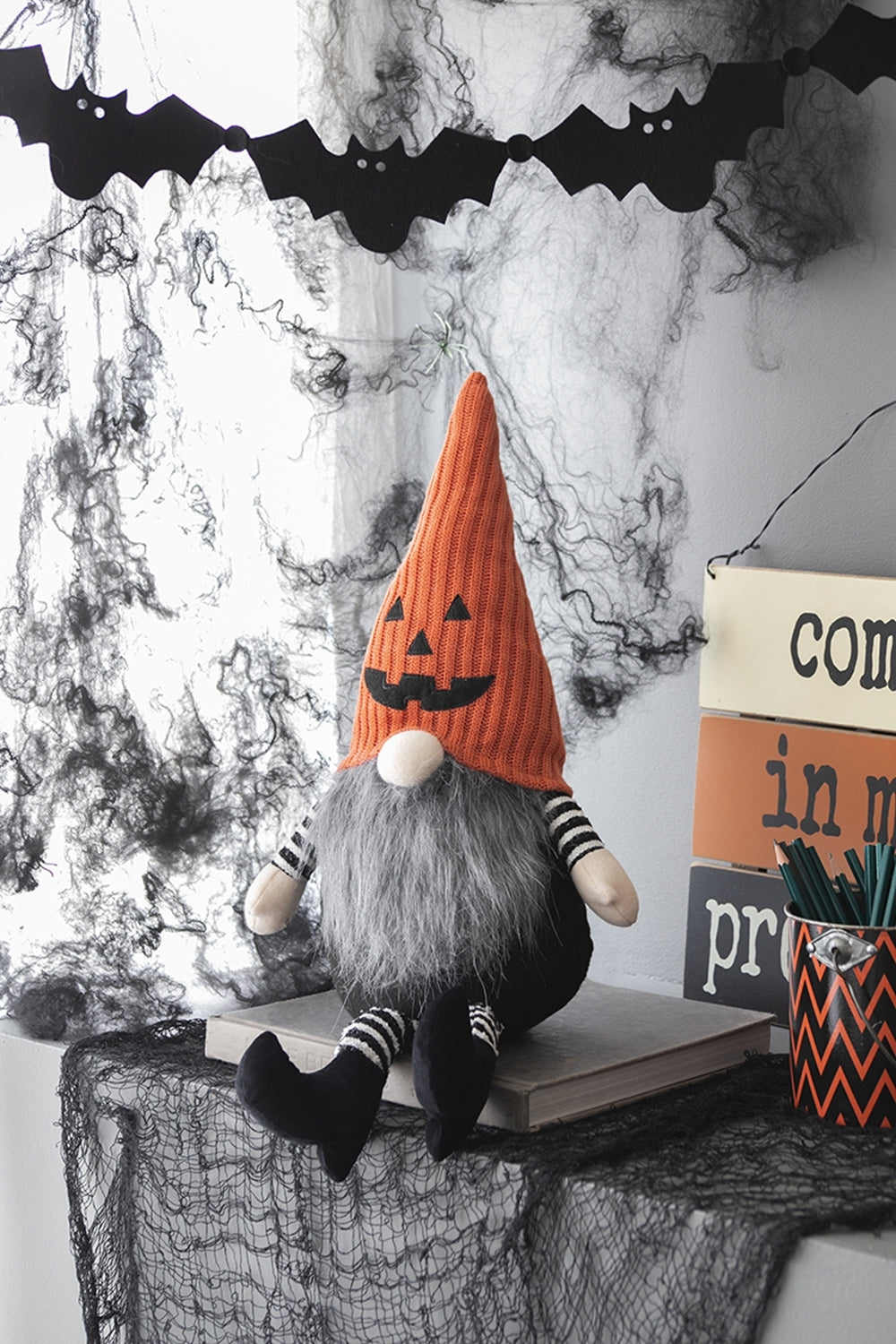 23.5" Seated Jack-O'-Lantern Gnome With Striped Limbs and Faux Fur Beard