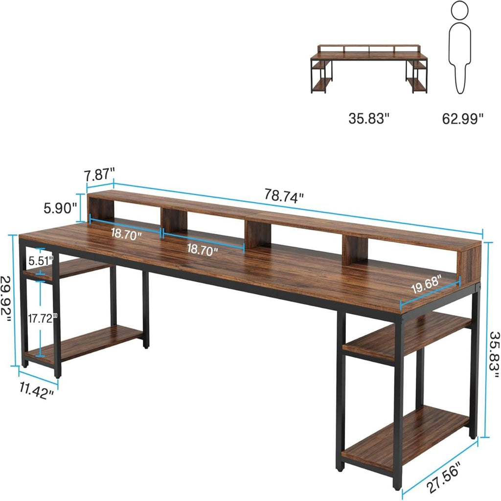 2 Person Desk With Monitor Stand, Long Office Workstation With Dual Storage Shelves And Frame - Brown / Black