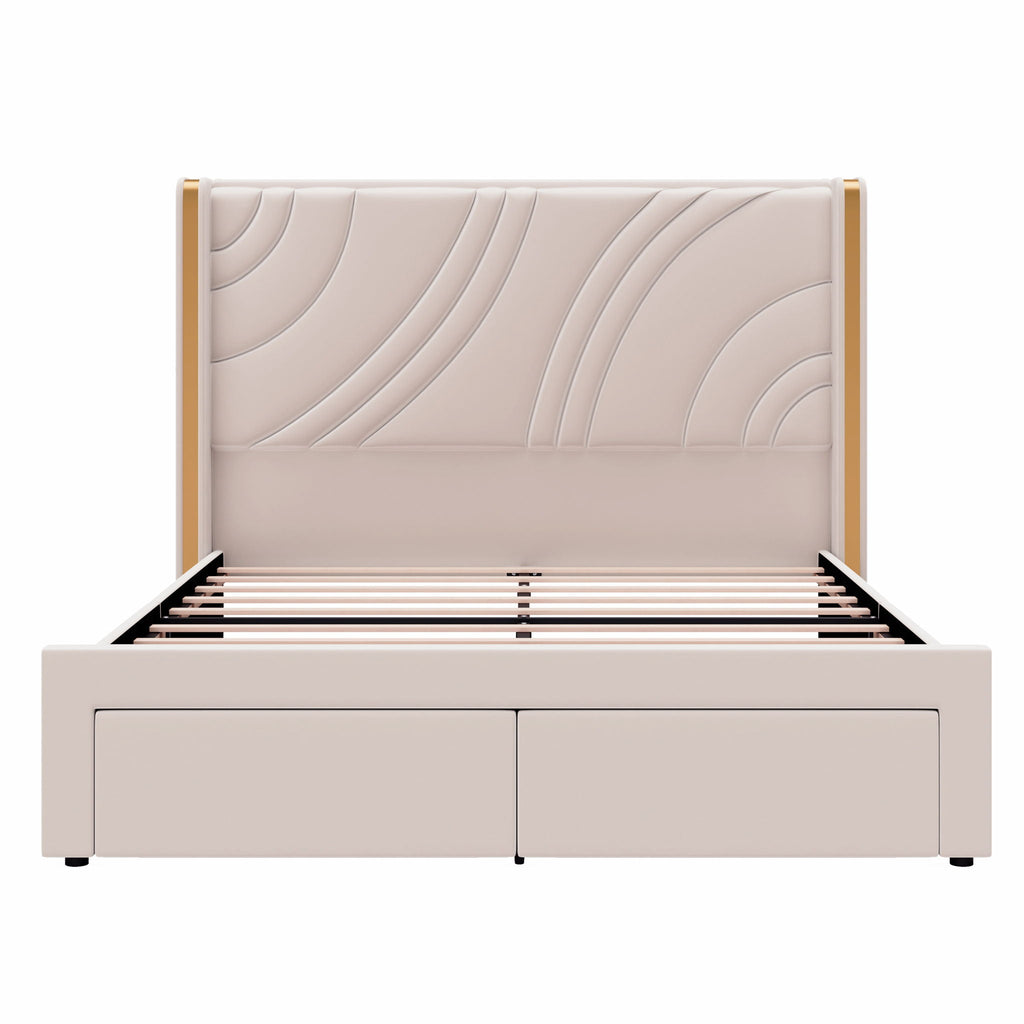 Modern Upholstered LED Bed Frame With Storage Drawers, Wingback Headboard, RGB Light