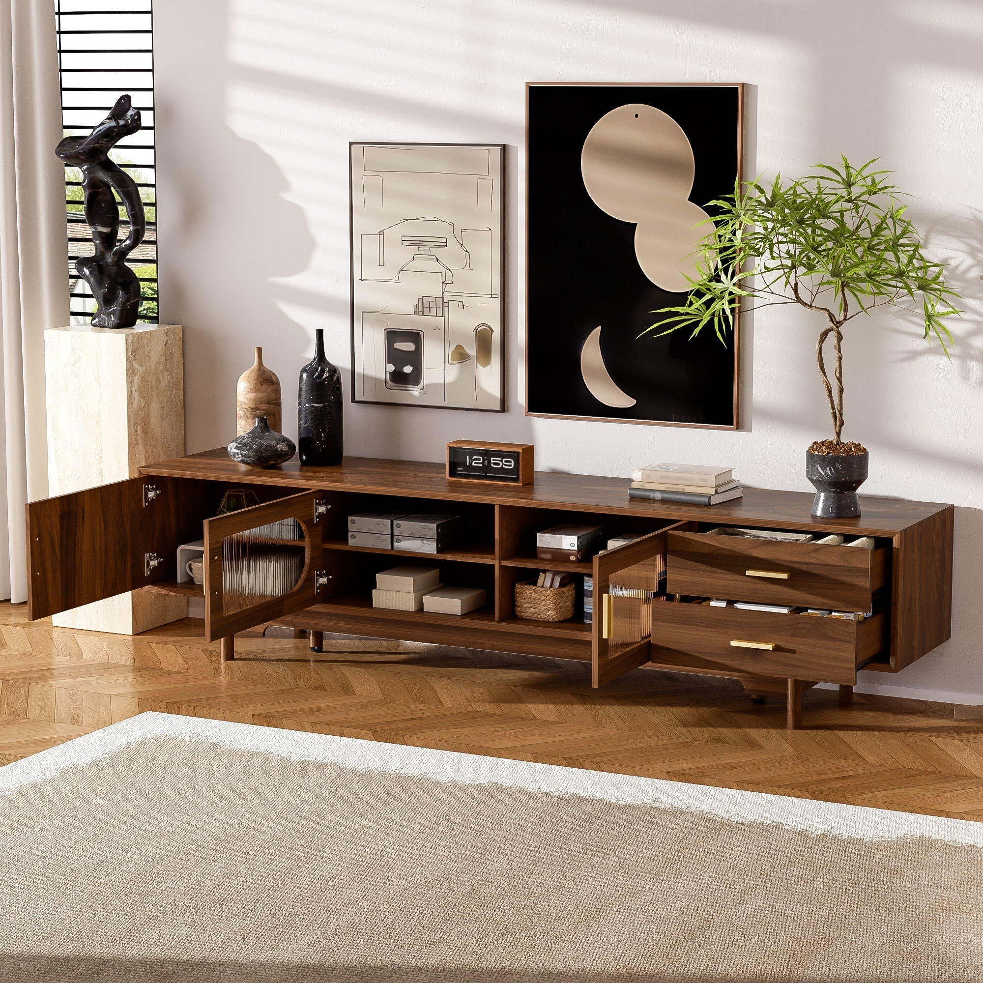 TV Stand With Fluted Doors, 2 Drawers - Walnut