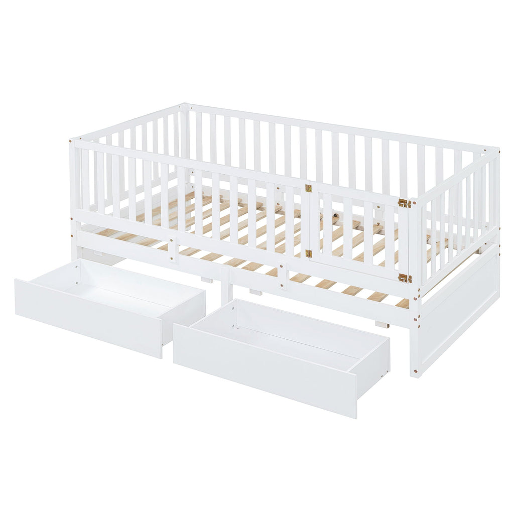 Daybed With Fence Guardrails And 2 Drawers, Split Into Independent Floor Bed & Daybed