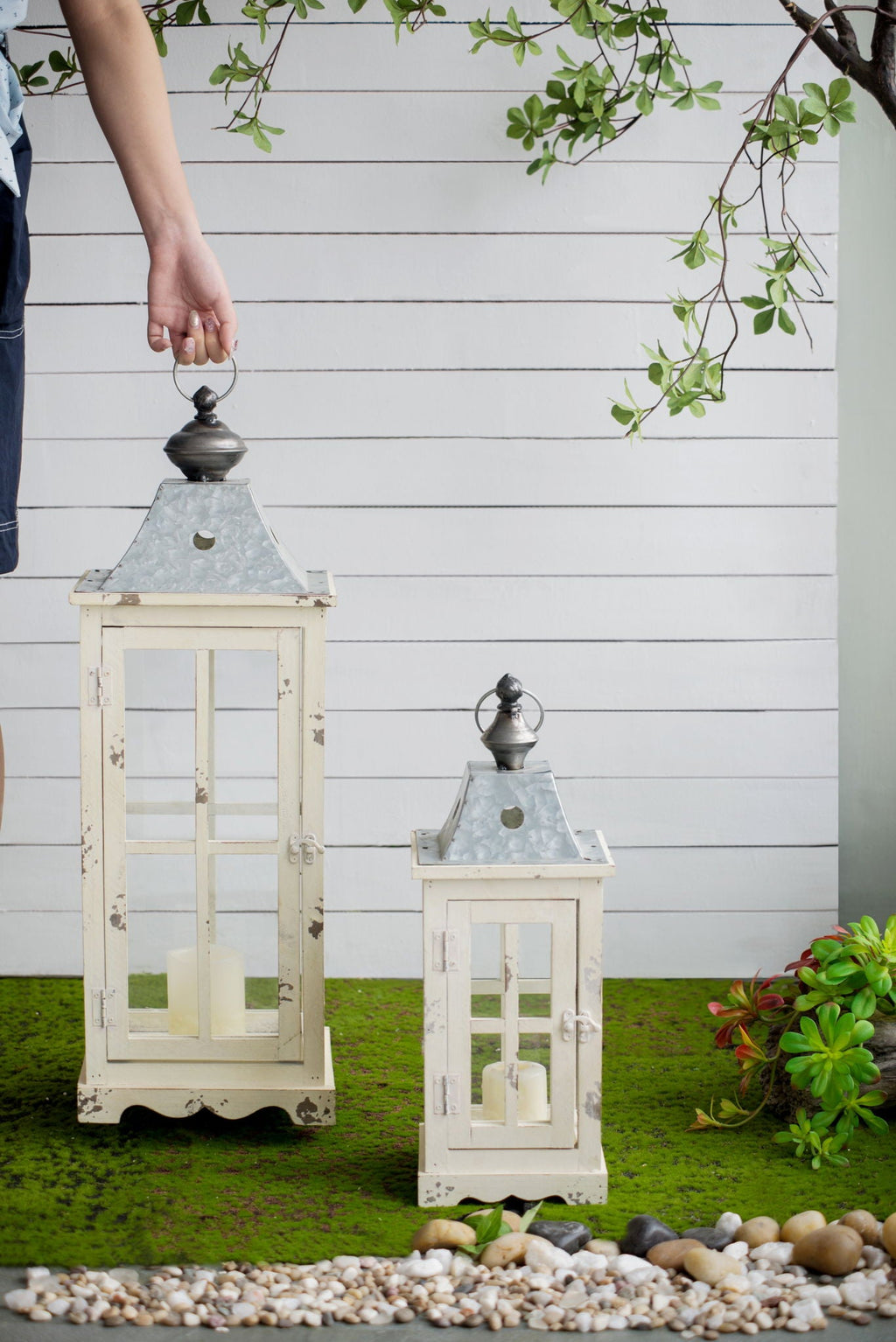 Wooden Candle Lantern Decorative, Hurricane Lantern Holder Decor For Indoor Outdoor, Home Garden - Ivory