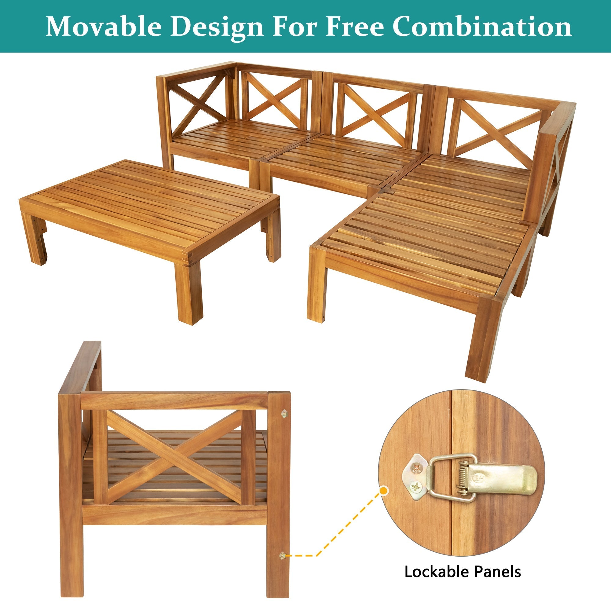 Topmax Outdoor Patio Wood 5-Piece Sectional Sofa Seating Group Set
