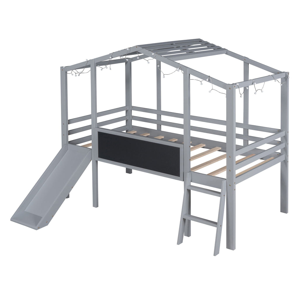 Loft House Bed With Ladder And Slide, With board And Light Strip On The Roof